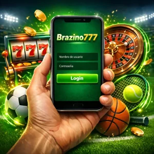 Smartphone con pantalla de inicio de sesión Brazino777 rodeado de slot 777, ruleta y elementos deportivos