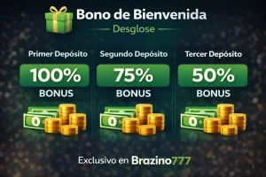 Banner de Brazino777 con bono de bienvenida 100%, 75% y 50% en depósitos