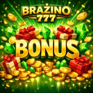 Banner de Brazino 777 con texto BONUS, monedas doradas, cajas de regalo y cristales verdes