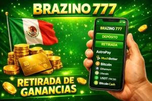 Banner de Brazino777 con retiro de ganancias, smartphone con depósito y retirada, métodos de pago como Bitcoin, USDT y AstroPay, bandera de México