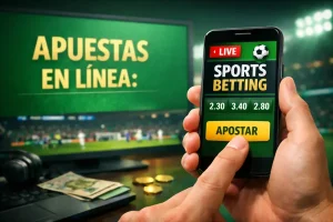 Smartphone con interfaz de apuestas deportivas en vivo, cuotas y botón apostar en pantalla