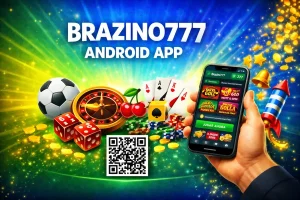 Banner promocional de Brazino777 Android App con smartphone, рулетка, dados, cartas, monedas y código QR para descarga