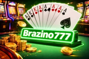 Banner de Brazino777 con cartas de póker, ases y reyes, monedas doradas y fondo de máquinas tragamonedas iluminadas