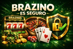 Imagen de banner de casino Brazino con slot 777, ruleta, cartas, fichas y escudo de seguridad con texto “Brazino es seguro”