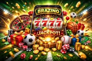 Smartphone con slot Brazino 777 jackpot, ruleta, balones deportivos y monedas doradas con bonus