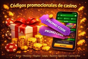 Banner de casino con códigos promocionales, caja de regalo, monedas doradas y smartphone con botón activar