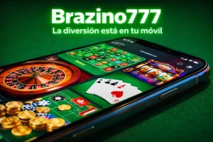 Teléfono con casino Brazino777 mostrando ruleta, tragamonedas y cartas con monedas doradas